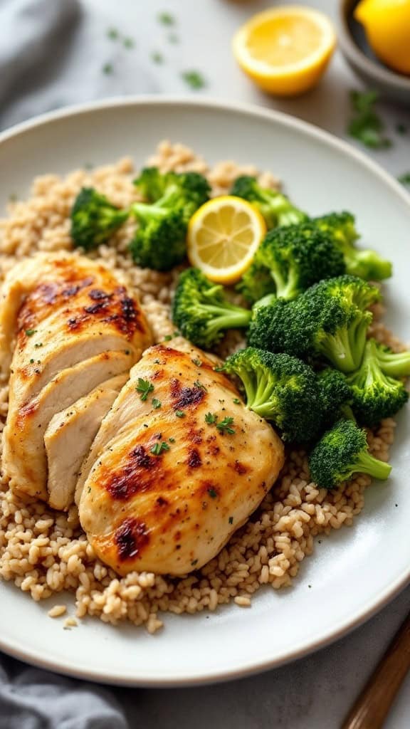 Lemon garlic roasted chicken with broccoli on a plate.