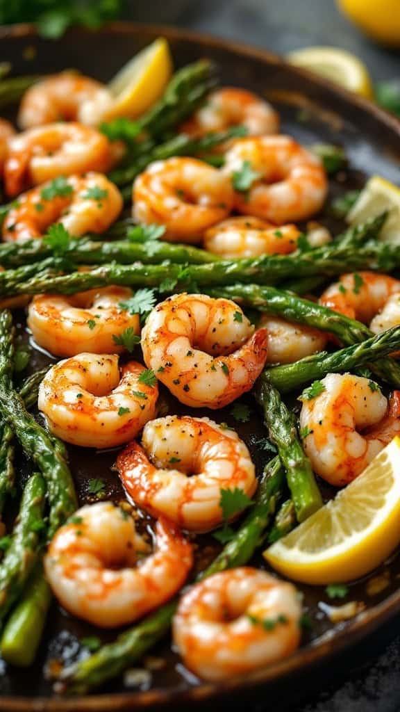 A plate of lemon garlic shrimp with asparagus, garnished with lemon slices and cilantro.