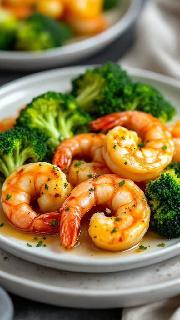 A plate of lemon garlic shrimp with broccoli, garnished with parsley