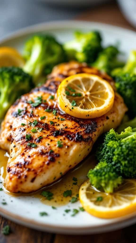 A grilled chicken breast garnished with lemon slices and served with broccoli.