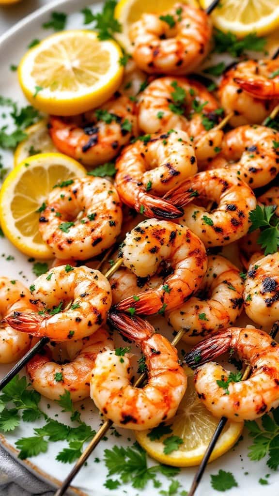 Grilled shrimp skewers with lemon slices and herbs.