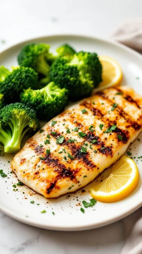 A serving of grilled tilapia served with broccoli and lemon slices on a plate.