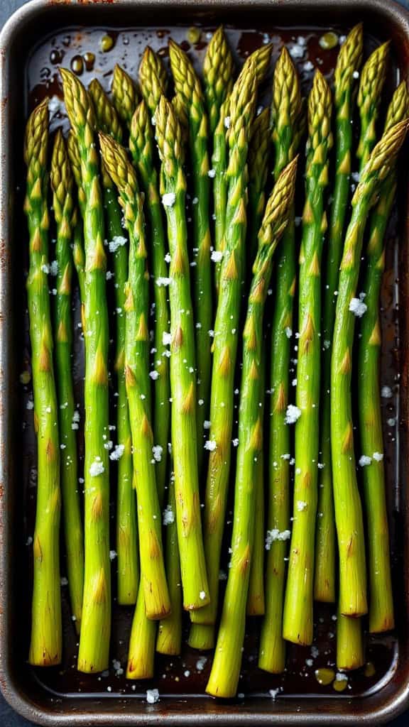 Freshly roasted asparagus on a baking tray with a sprinkle of salt