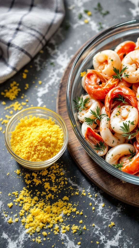 A bowl of shrimp garnished with herbs, next to a small container of bright yellow lemon zest.