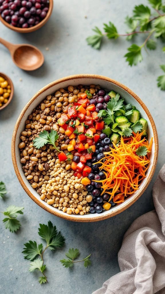 A colorful bowl filled with lentils, quinoa, vegetables, and kimchi.
