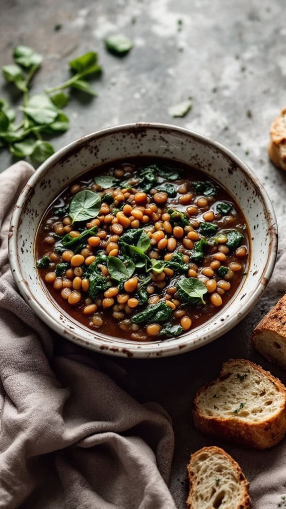 A bowl of lentil and spinach stew with slices of bread on the side.