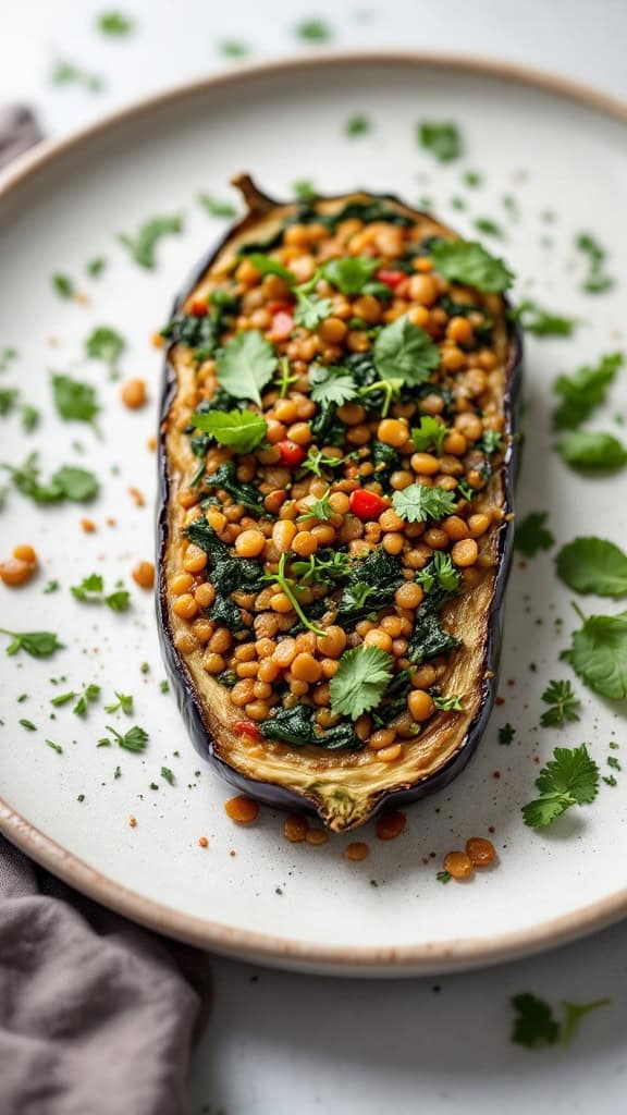 Lentil and spinach stuffed eggplant on a plate garnished with herbs.