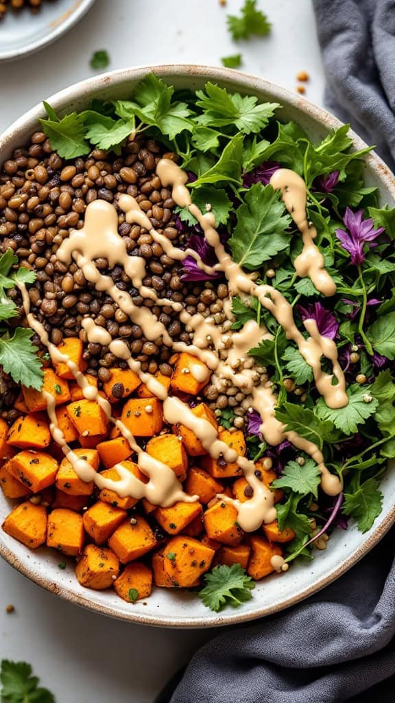 A colorful Buddha bowl featuring lentils, sweet potatoes, and fresh greens drizzled with tahini sauce.