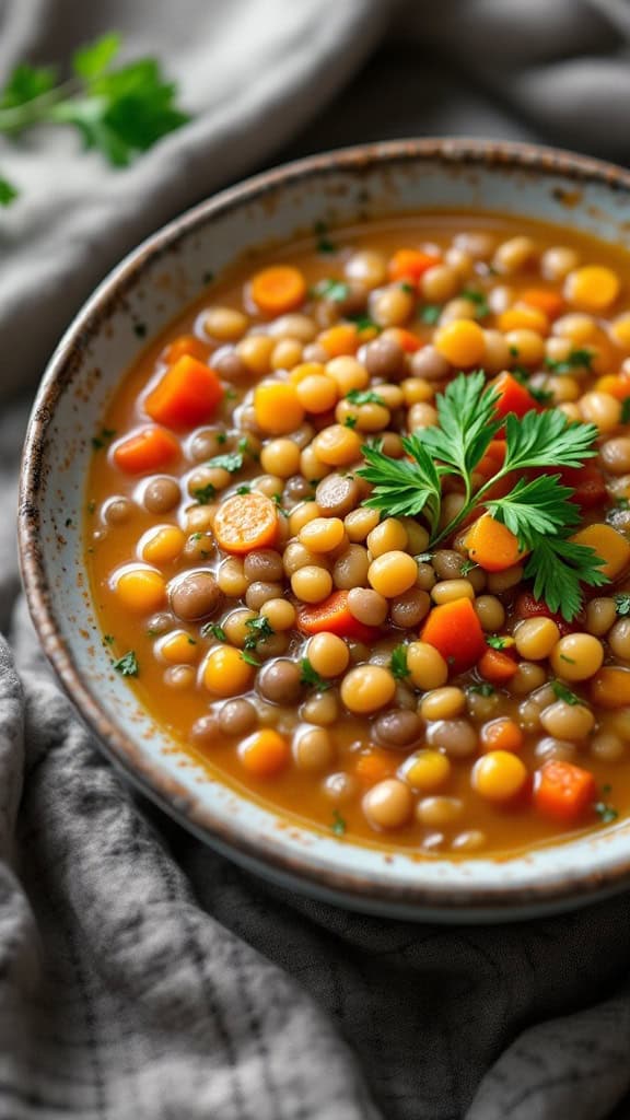 A bowl of lentil and vegetable soup with carrots and herbs.