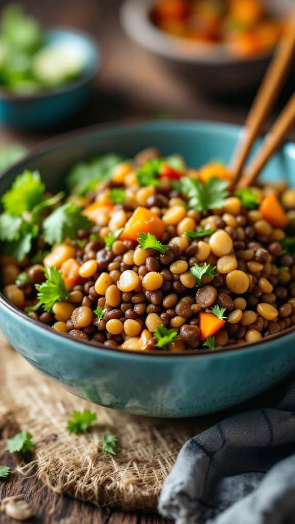 A bowl of lentil and vegetable stir-fry with colorful ingredients and steam rising