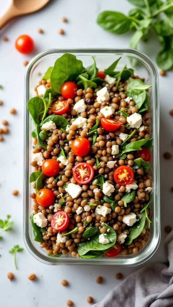 A colorful lentil salad with feta cheese, cherry tomatoes, and spinach in a glass container.