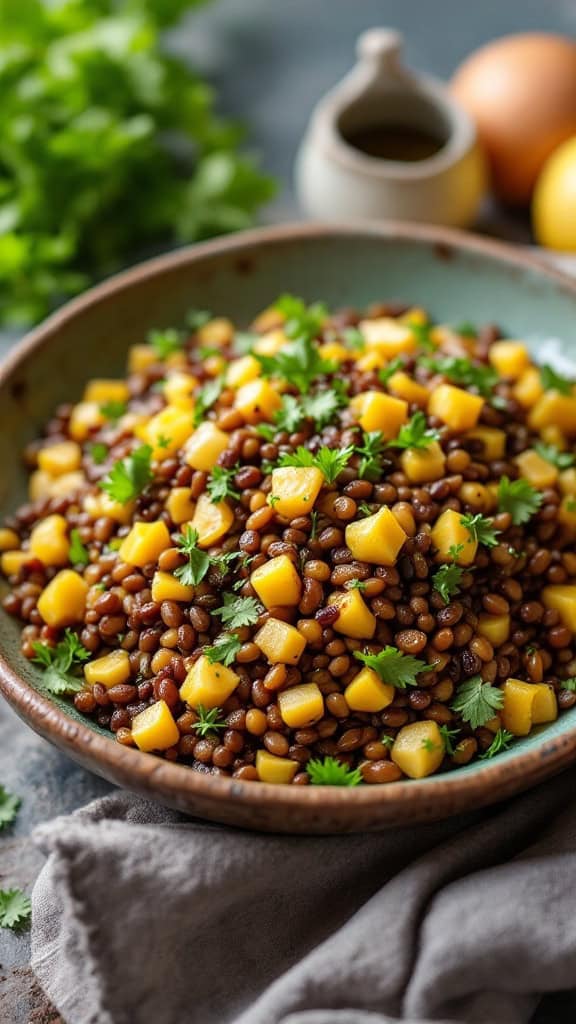 A bowl of lentil salad with mango and parsley.