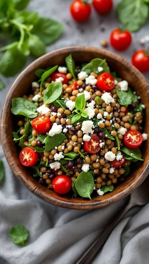 A colorful lentil salad with spinach, cherry tomatoes, and feta cheese in a wooden bowl.