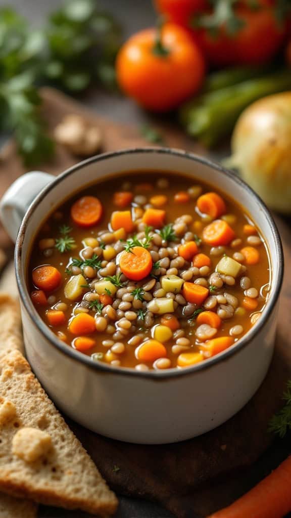 A bowl of lentil soup with carrots and celery, surrounded by fresh vegetables and bread.