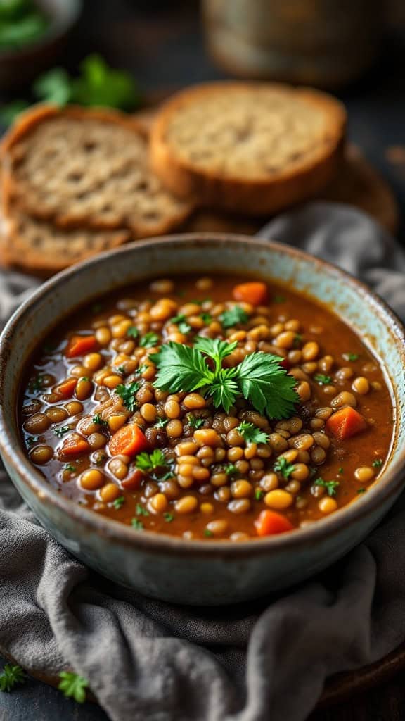 A bowl of lentil soup with carrots and celery, garnished with fresh herbs, served with slices of bread.