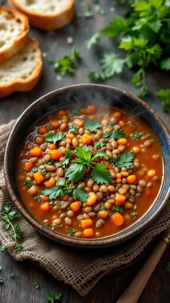 A bowl of lentil soup garnished with fresh herbs and accompanied by slices of bread.