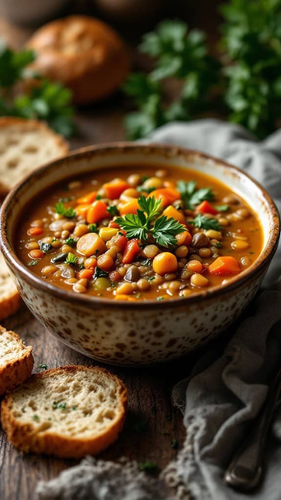 A bowl of lentil soup filled with colorful vegetables and fresh herbs, accompanied by slices of bread.