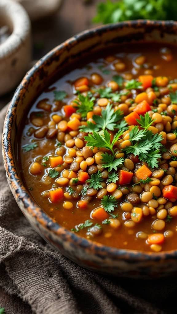 Bowl of lentil vegetable soup topped with fresh herbs.