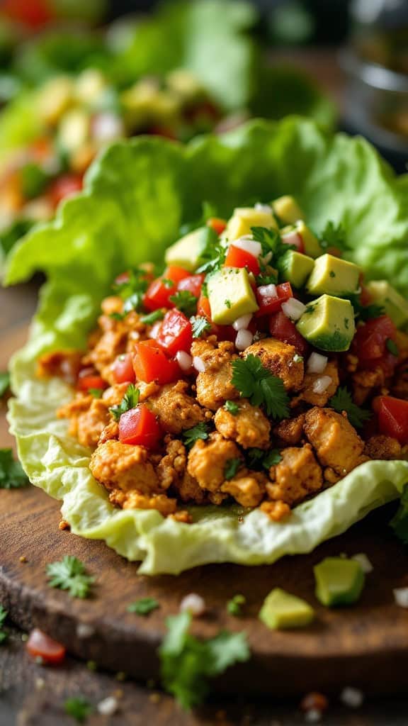 Lettuce wrap tacos filled with spicy chicken, tomatoes, and avocado.