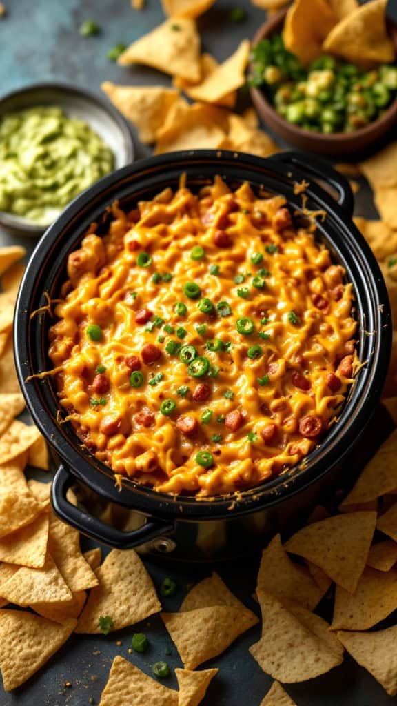 A crockpot filled with loaded nacho cheese dip surrounded by tortilla chips.