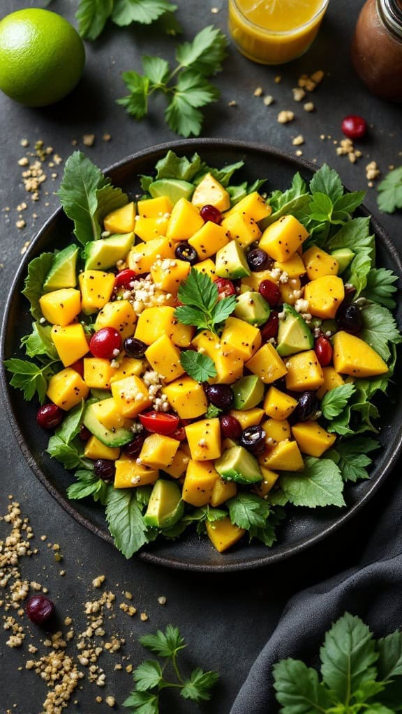 A vibrant mango and avocado salad with lime dressing, garnished with greens and black beans.