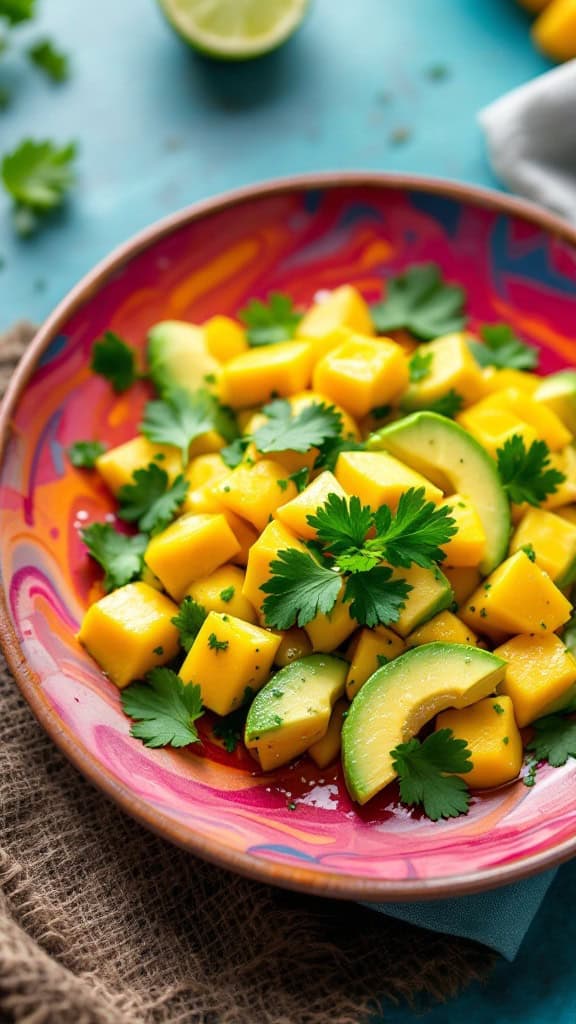 A colorful bowl of mango and avocado salad garnished with cilantro.
