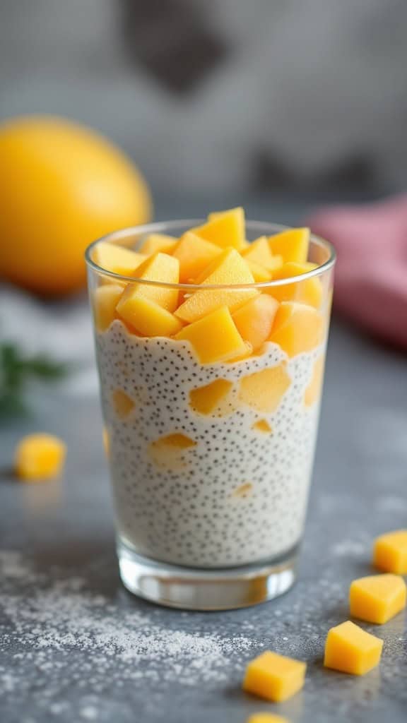 A glass of mango chia seed pudding topped with diced mango cubes.