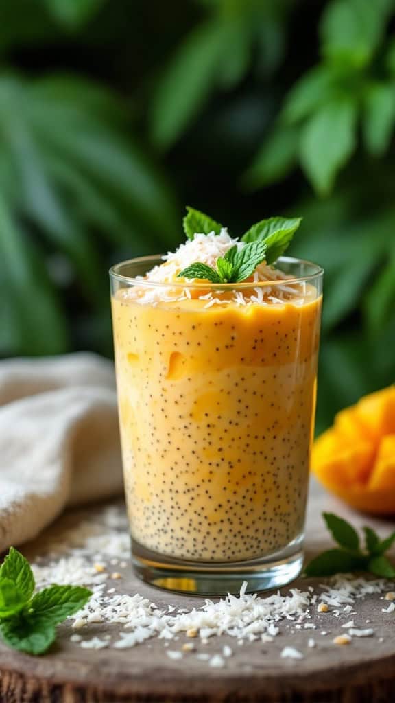 A glass of mango chia seed pudding topped with coconut and mint leaves, surrounded by green foliage.