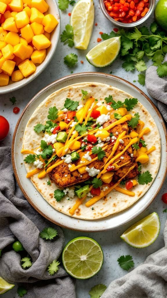 A fish taco filled with mango, chili, herbs, and topped with creamy mango sauce on a plate.