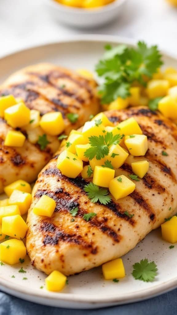 Grilled chicken breasts topped with mango salsa and garnished with cilantro.