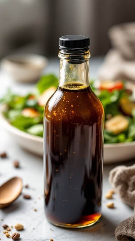 A bottle of maple balsamic dressing next to a fresh salad
