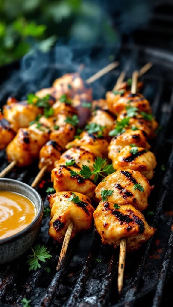 Grilled chicken skewers with maple mustard glaze and fresh herbs
