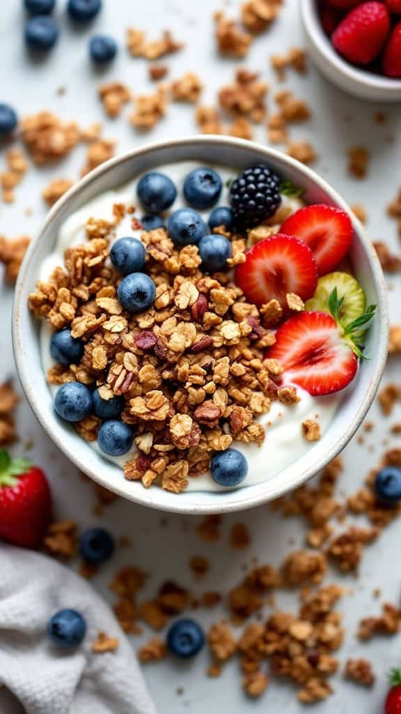 A bowl of yogurt topped with maple pecan granola, berries, and sliced fruit.