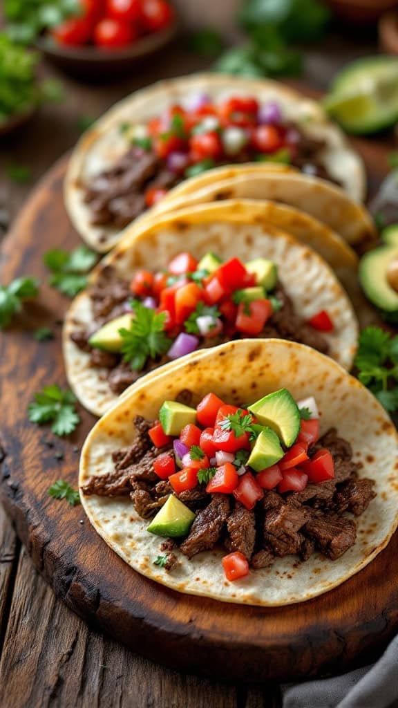 Marinated flank steak tacos topped with fresh tomatoes and avocado on a wooden board.