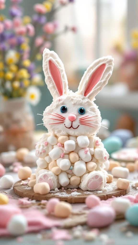 A cute bunny made of marshmallows and chocolate, surrounded by colorful candies.