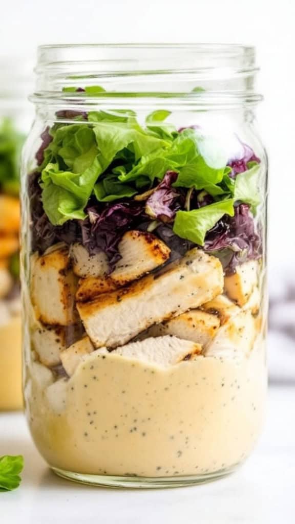 A mason jar salad with grilled chicken, greens, and creamy dressing.