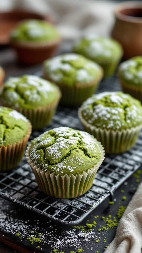 Freshly baked matcha green tea muffins on a cooling rack, dusted with powdered sugar.