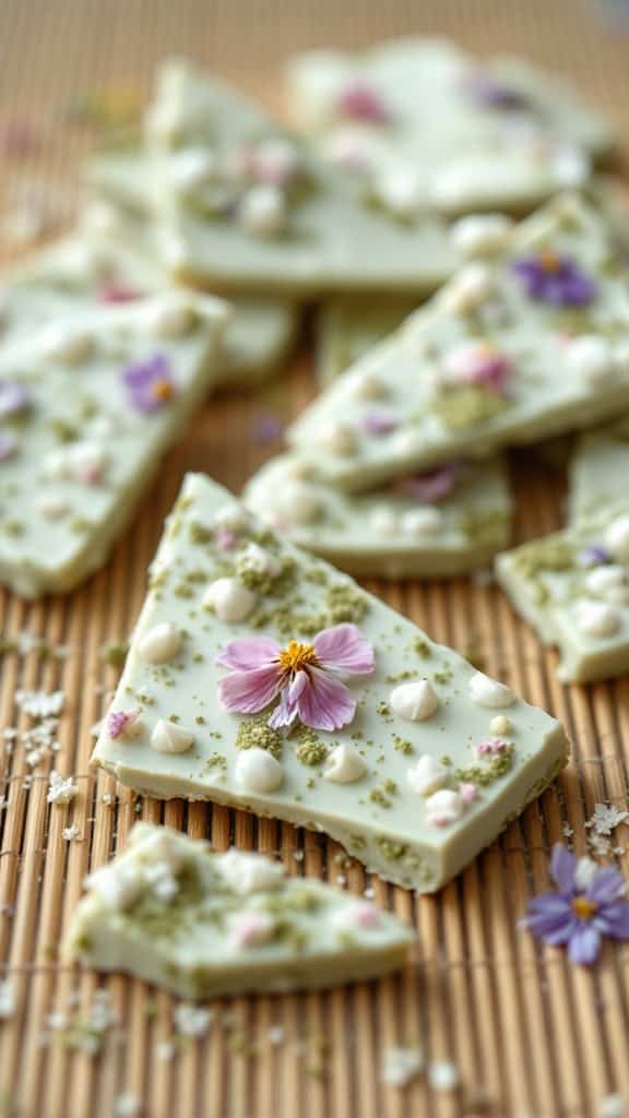Matcha white chocolate bark garnished with edible flowers and sprinkles.