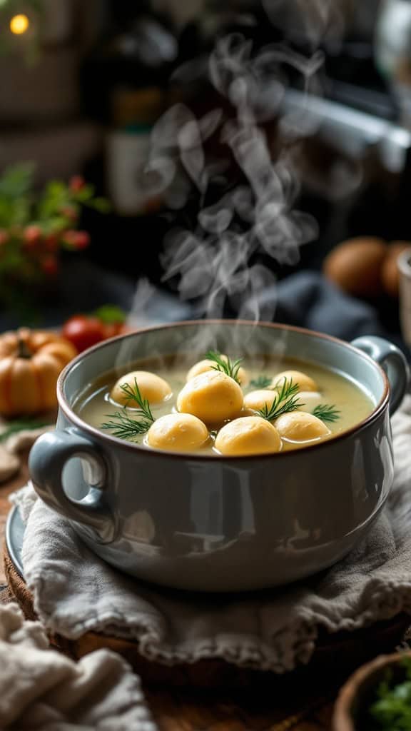 A bowl of matzah ball soup with fluffy matzah balls and herbs, served in a cozy setting.