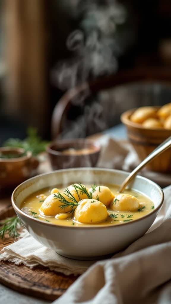 A bowl of steaming matzo ball soup with fresh dill and golden matzo balls.
