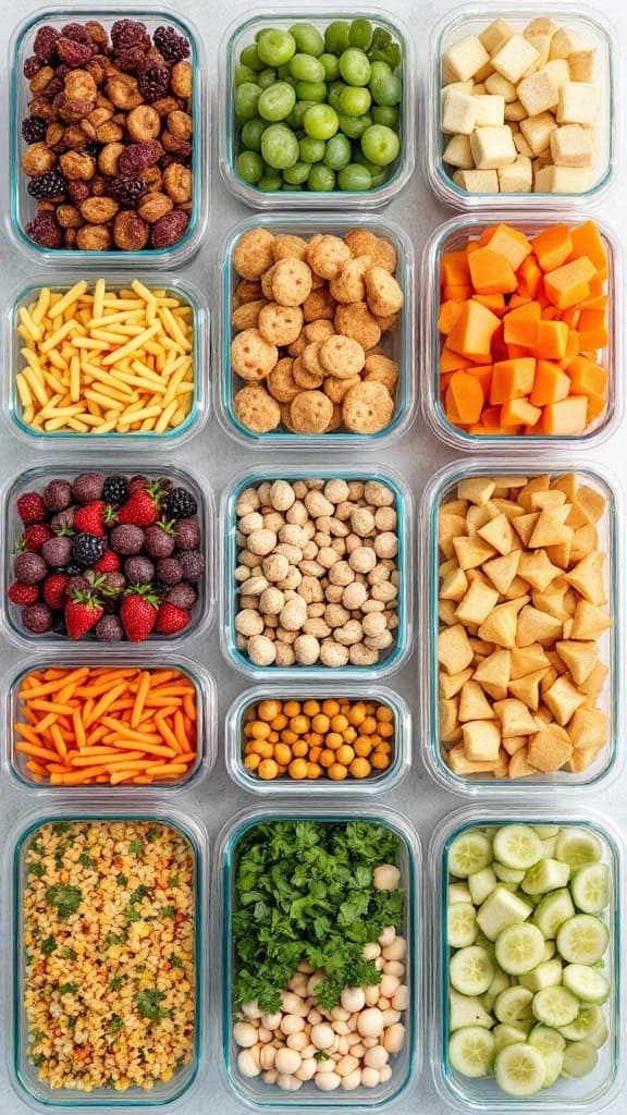 An assortment of colorful fruits and vegetables in glass containers, perfect for healthy snacks and sides.