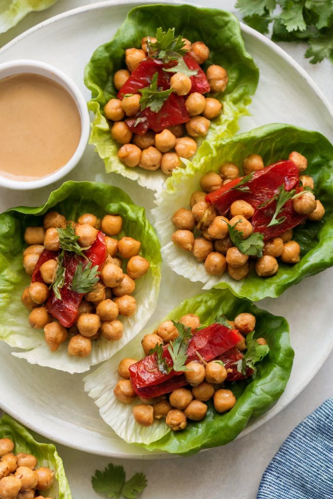 Chickpea and Roasted Red Pepper Lettuce Wraps with Tahini Dressing