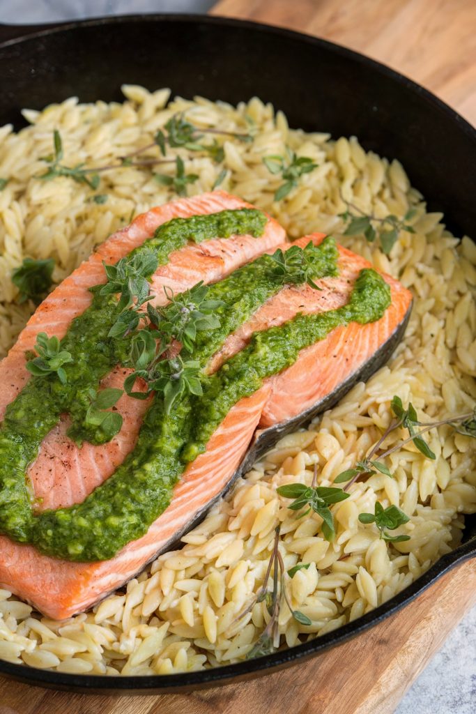 Skillet Salmon With Orzo and Green Pea Pesto