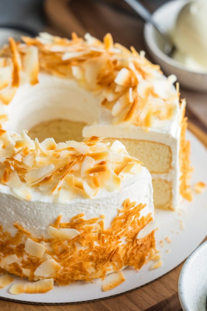 Coconut Angel Food Cake with Toasted Coconut Flakes