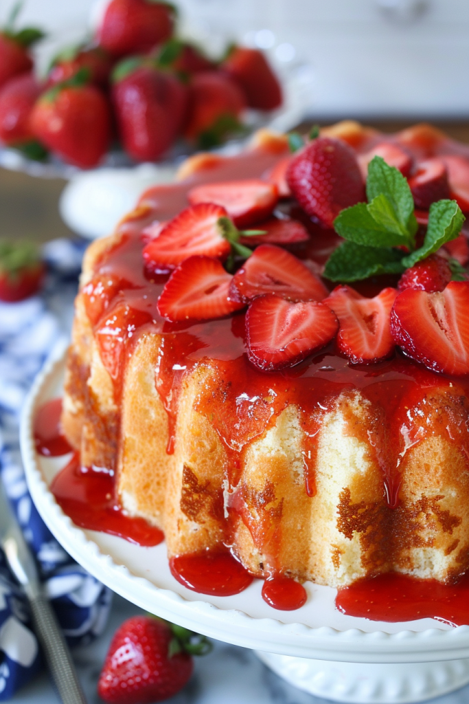 Strawberry Angel Food Cake with Strawberry Sauce
