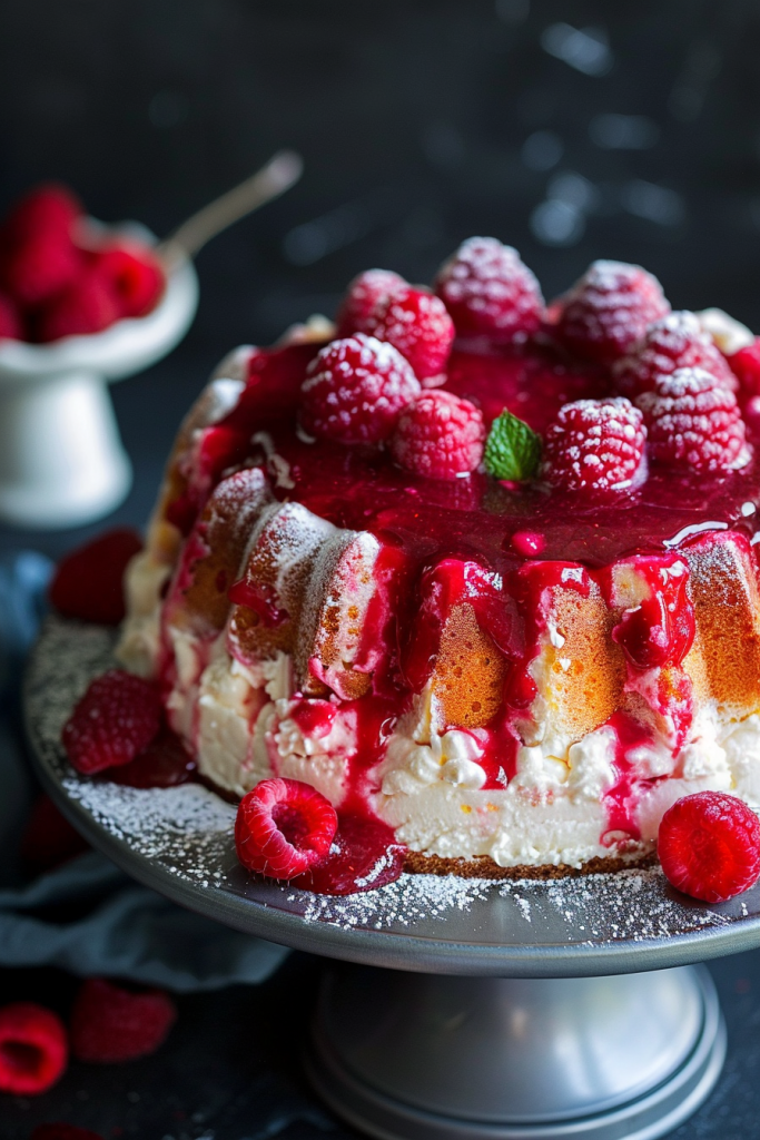 Raspberry Angel Food Cake with Raspberry Coulis