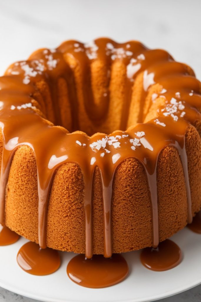 Caramel Angel Food Cake with Caramel Drizzle