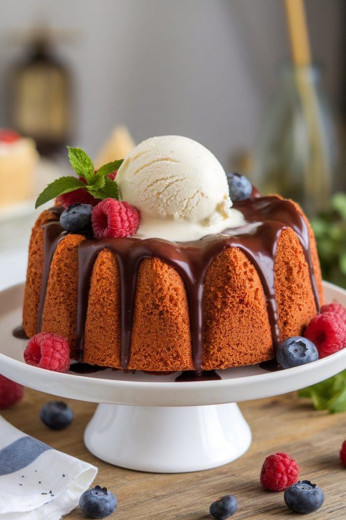Chocolate Chip Angel Food Cake with Chocolate Sauce