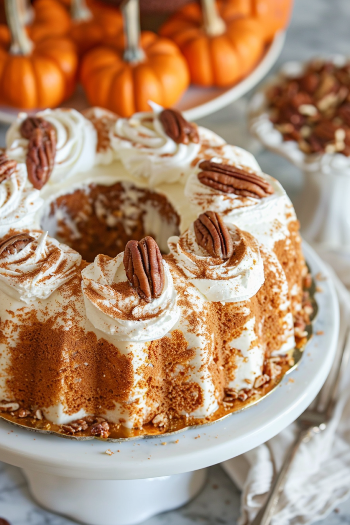 Pumpkin Spice Angel Food Cake with Cream Cheese Frosting