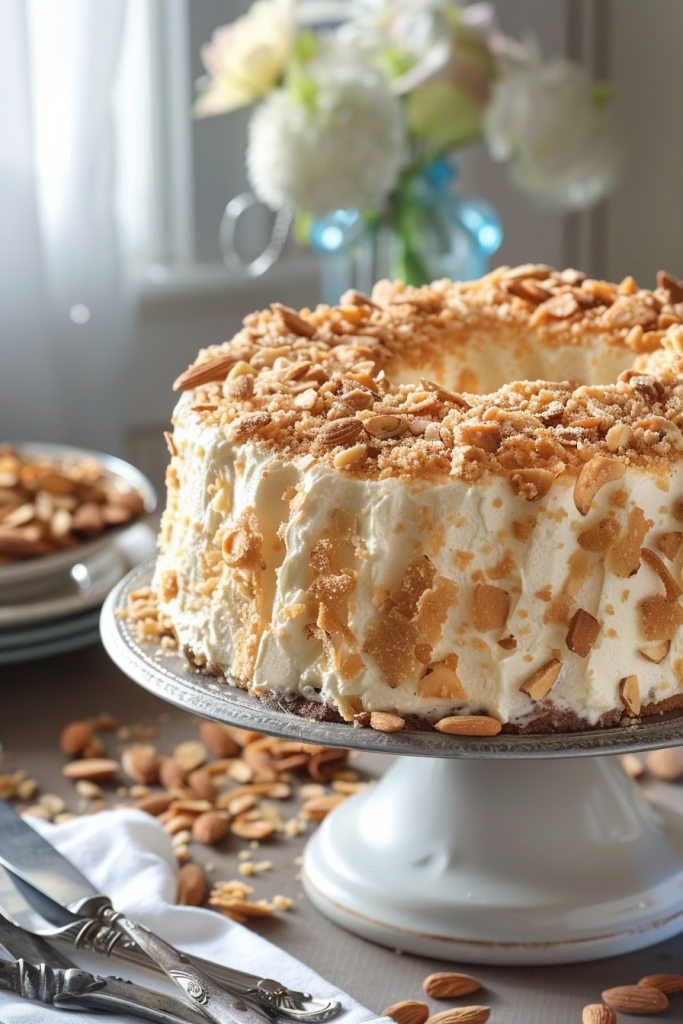 Almond Angel Food Cake with Almond Brittle